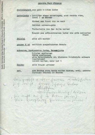 Notiz zur Kostümprobe von Curd Jürgens