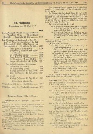 22. Sitzung, Donnerstag den 22. Mai 1919