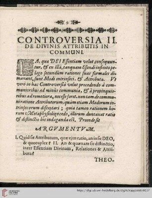 Controversia II: De Divinis Attributis in Communi