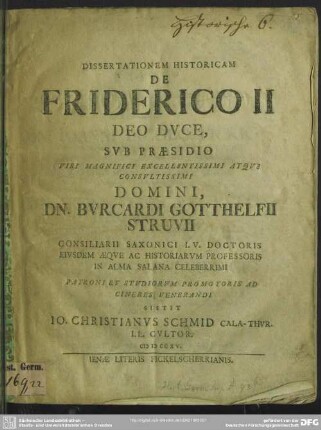 Dissertationem Historicam De Friderico II Deo Duce