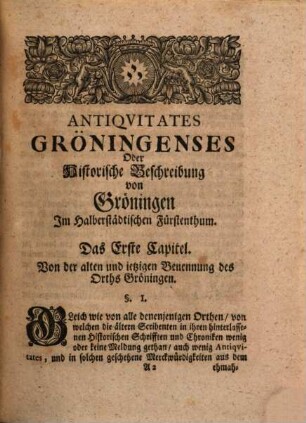 Johann Georg Leuckfelds Antiqvitates Gröningenses, Oder Historische Beschreibung Der Vormahligen Bischöfflichen Residentz Gröningen, In itzigem Fürstenthum Halberstadt : Worinnen von derer rechten Benennung, Lage, alten Halberstädtischen Bischöffen, itzigen höhesten Landes-Herren, Eintheilung in Schlos- Haus- Wester- Süd- und Nord-Gröningen, wie auch von dem in selbiger sich befindenden Königl. Ambte, und denen zu solchem gehörigen Weichbildern Croppenstädt, Wegeleben, Schwanebeck, Cockstedt, auch Clöstern Hadmersleben und Adersleben, sambt einigen Dörffern, und denen darinnen stehenden Kirchen, auch von der Reformations-Zeit dabey gelebten Evangelischen Predigern u.s.w. gehandelt wird. Alles aus bewehrten Scribenten und alten Documenten zusammen getragen, auch mit nöthigen Diplomatis, Brieffen, Kupffern und Registern versehen