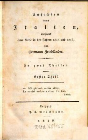 Ansichten von Italien, während einer Reise in den Jahren 1815 und 1816 : in zwei Theilen, Erster Theil