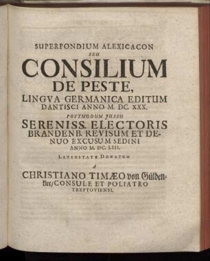 Superpondium Alexicacon Seu Consilium De Peste.
