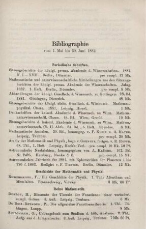 Bibliographie vom 1. Mai bis 30. Juni 1882.