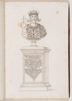 Bildnisbüste des byzantinischen Kaisers Tiberios II., in: Series continuata omnium Imperatorum [...], Bd. 3, Bl. 21