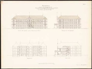 Dienstgebäude, Rudolstadt: Hauptansicht, Seitenansicht, Längsschnitt, Querschnitt