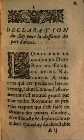 Declaration du roy pour la defense du port d'armes