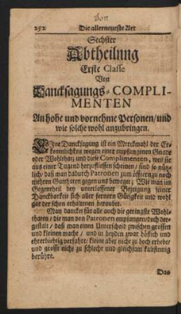 Sechster Abtheilung Erste Classe Von Dancksagungs-Complimenten An hohe und vornehme Personen/ und wie solche wohl anzubringen