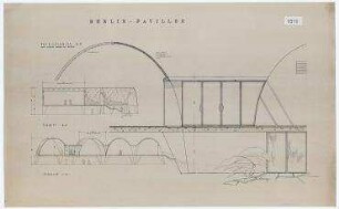 Offener Bauwettbewerb "Berlin-Pavillon", Hansaviertel Berlin, Intenationale Bauausstellung 1957 (nicht realisiert), Ankauf – Schnitte. Berlin-Tiergarten, 17. Juni/Klopstockstraße