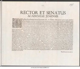 Rector Et Senatus Academiae Jenensis : Legibus Academiae huius sancitum est, vt Ciues eius ... P.P. die XXXI. Martii, Anno Chr. cIɔ Iɔc LXVII