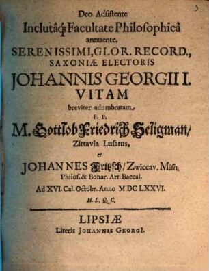 Serenissimi, Glor. Record., Saxoniæ Electoris Johannis Georgii I. Vitam breviter adumbratam