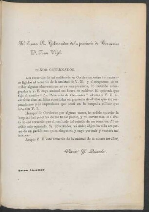 [Dedicatoria] Al Exmo. Sr. Gobernador de la provincia de Corrientes D. Juan Pujol.