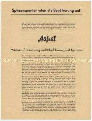 Flugblatt der Nationalen Front mit Aufruf von Spitzensportlern zur Vorbereitung des 3. Deutschen Turn- und Sportfestes und des 10. Jahrestages der DDR-Gründung