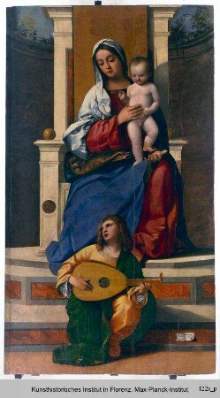 Thronende Maria mit Kind und musizierendem Engel