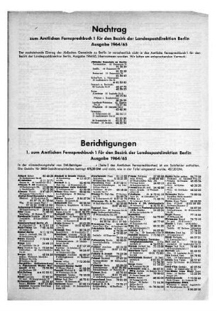 1. Nachtrag/Berichtigungen zum … Fernsprechbuch, Ausg. 1964/65