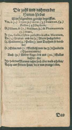 Die zahl und nahmen der Hirten-Lieder ist in folgendem gedicht begriffen.