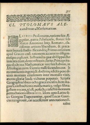 Cl. Ptolomaeus Alexandrinus Mathematicus.