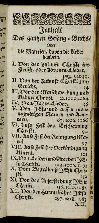 Innhalt des gantzen Gesang-Buchs, oder die Materien, davon die Lieder handeln.