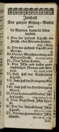 Innhalt des gantzen Gesang-Buchs, oder die Materien, davon die Lieder handeln.