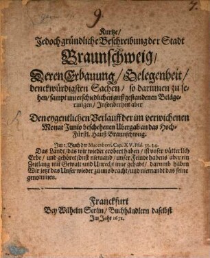Kurtze Beschreibung der Stadt Braunschweig deren Erbauung, Gelegenheit