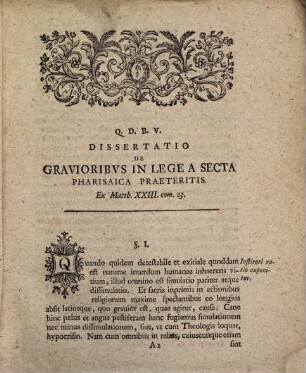 Diss. philol. de gravioribus in lege a secta Pharisaica praeteritis : ex Matth. cap. XXIII. com. 23