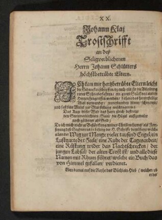 Johann Klai Trostschrifft an deß seligverblichenen Herrn Johann Schlütters höchstbetrübte Eltern.