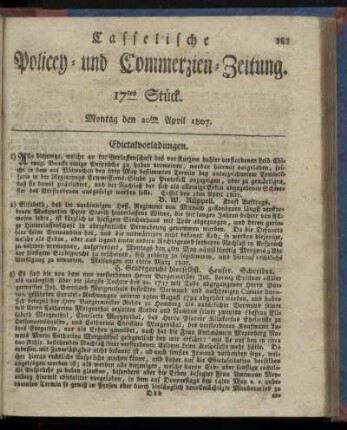 17tes Stück, Montag den 20ten April 1807