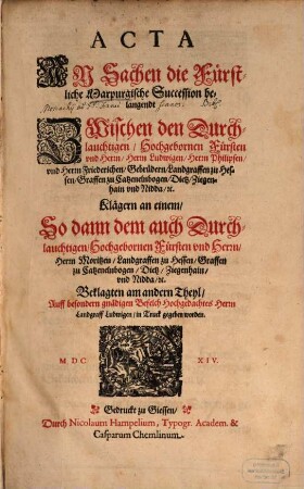 Acta in Sachen, die Fürstl. Marpurgische Succession belangendt