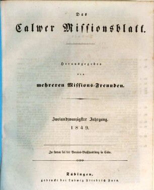 Calwer Missionsblatt : eine allg. ill. Missionszeitschr. 22. 1849