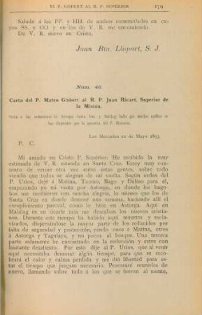 Núm. 46. Carta del P. Mateo Gisbert al R. P. Pablo Pastells, Superior de la Misión