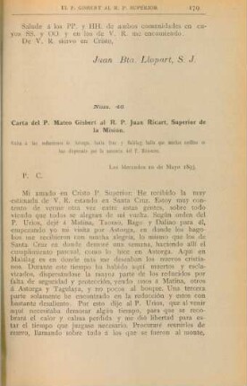 Núm. 46. Carta del P. Mateo Gisbert al R. P. Pablo Pastells, Superior de la Misión