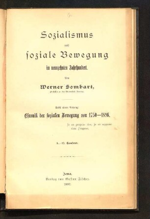 Sozialismus und soziale Bewegung im neunzehnten Jahrhundert : nebst einem Anhang: Chronik der sozialen Bewegung von 1750 - 1896