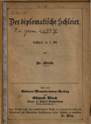 Der diplomatische Schleier : Lustspiel in 1 Akt.