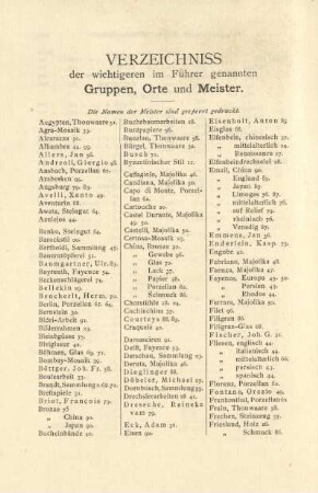 Verzeichniss der wichtigeren im Führer genannten Gruppen, Orte und Meister