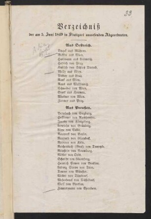 Verzeichniß der am 5. Juni 1849 in Stuttgart anwesenden Abgeordneten