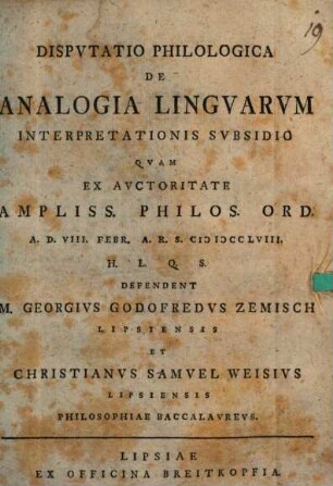 Dispvtatio Philologica De Analogia Lingvarum Interpretationis Svbsidio