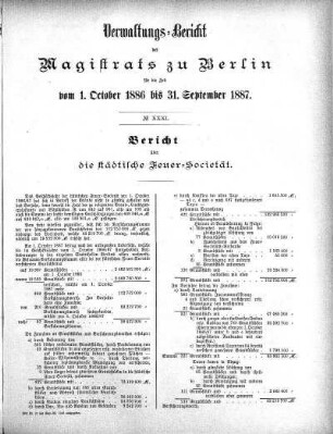 No. XXXI. Bericht über die städtische Feuer-Societät
