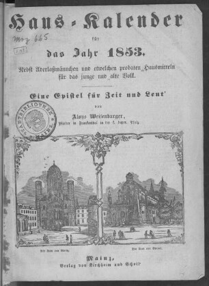 Hauskalender : nebst Aderlaßmännchen, das den "Reichen" etwelche Recepte verschreibt, den "Armen" einige probate Hausmittel verordnet