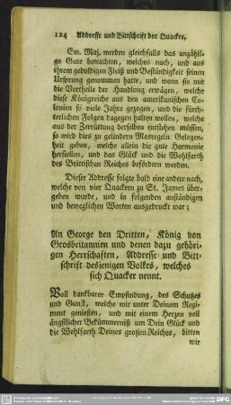An George den Dritten, König von Grosbritannien und denen dazu gehörigen Herrschaften, Addresse und Bittschrift desjenigen Volkes, welches sich Quacker nennt