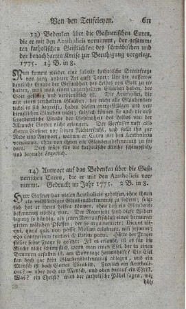 Antwort auf das Bedenken über die Gaßnerischen Curen, die er mit den Acatholicis vornimmt.