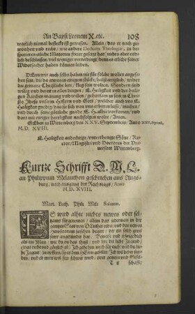 Kurtze Schrifft D. M. L. an Philippum Melanthon