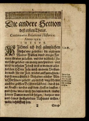Die andere Section deß ersten Theils. Continuatio Relationis Historicae. Anno 1529
