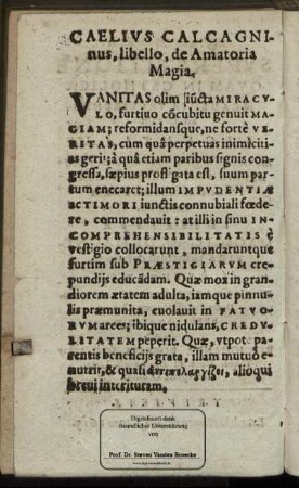 Caelius Calcagnius, libello, de Amatoria Magia