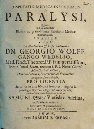 Disputatio Medica Inauguralis De Paralysi