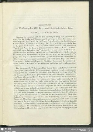 Festansprache zur Eröffnung des XIII. Berg- und Hüttenmännischen Tages