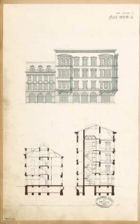 Städtisches Wohnhaus Monatskonkurrenz Juli 1879: Aufriss Seitenansicht, 2 Querschnitte; Maßstabsleiste