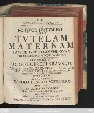 Dissertatio Ivridica De Eo Qvod Ivstvm Est Circa Tvtelam Maternam Tam De Ivre Commvni, Qvam Ivre Germanico Atqve Saxonico