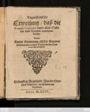 Augenscheinliche Erweisung/ daß die Formula Concordiae vonn allen Ständen unnd Nationen unterschrieben sey