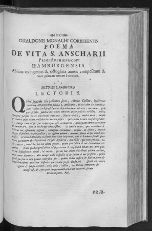 GUALDONIS MONACHI CORBEIENSIS POEMA DE VITA S. ANSCHARII PRIMI ARCHIEPISCOPI HAMBURGENSIS Abhinc quingentos & octoginta annos comositorum & nunc primum erutum é tenebris.