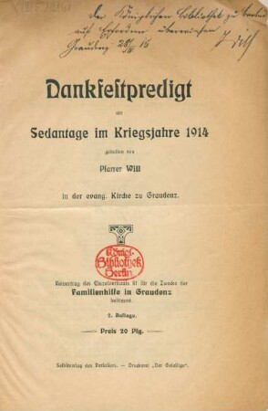 Dankfestpredigt am Sedantage im Kriegsjahre 1914